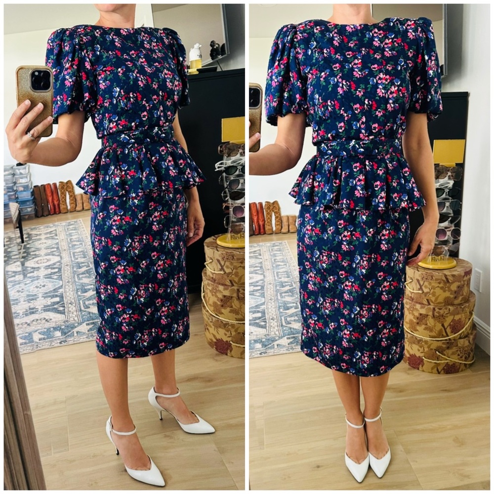 Vintage Floral Belted Puff Sleeve Peplum Top & Skirt Set